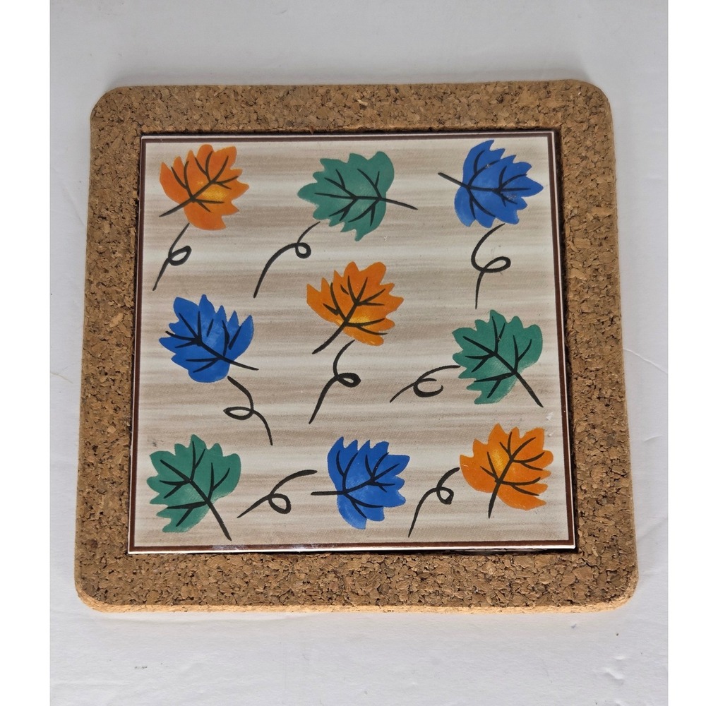 Vintage Fall Autumn Leaves Ceramic Tile Trivet Cork Hand Painted Hot Plate